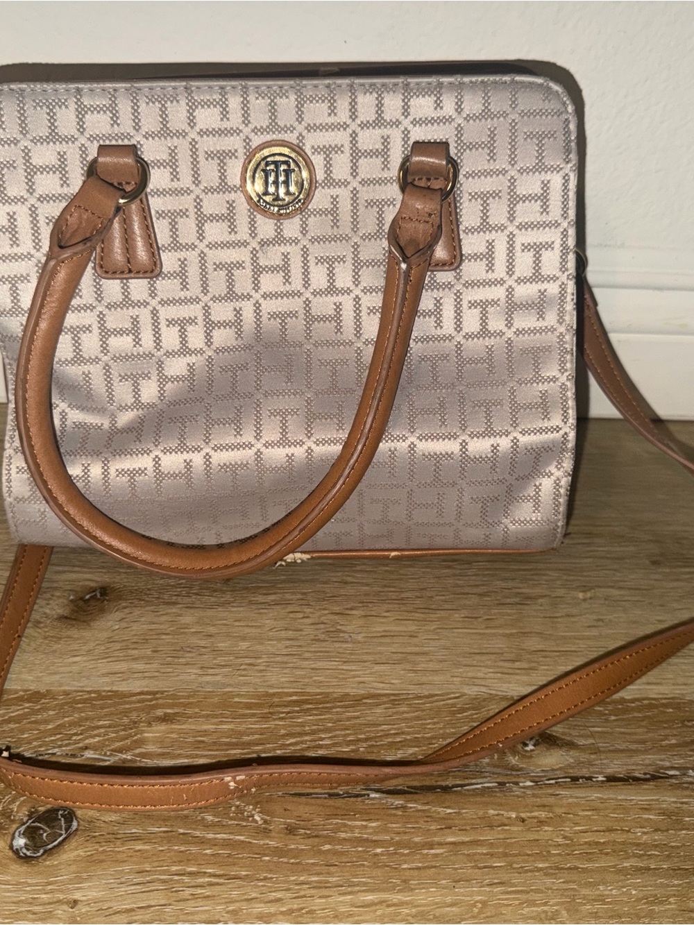 Tommy Hilfiger Blush Monogram Satchel with Tan Trim